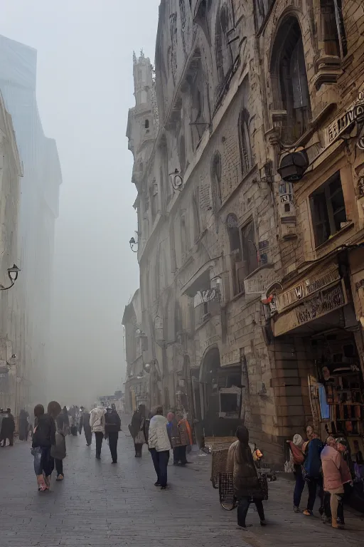 Image similar to a photo of a sprawling, medieval market in a huge city of large stonebuildings, tall towers and spires. Early morning, low hanging mist. Low camera angle. Wide lens.