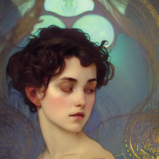 Image similar to A dreamy sleepy young woman with very short dark curly hair, portrait art by alphonse mucha and greg rutkowski, highly detailed, digital painting, concept art, illustration, dim lighting with twilight rays of sunlight coming through the window with closed shutters, trending on artstation, very detailed, smooth, sharp focus, octane render