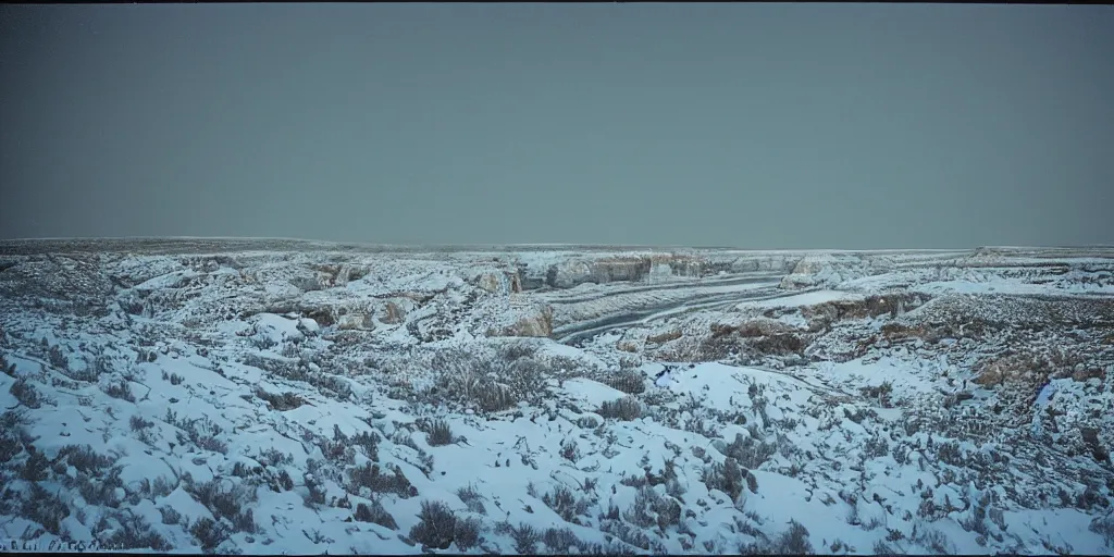 Image similar to photo of green river, wyoming cliffs covered in ice and snow, during a snowstorm. a old man in a trench coat and a cane appears as a hazy silhouette in the distance, looking back over his shoulder. cold color temperature. blue hour morning light, snow storm. hazy atmosphere. humidity haze. kodak ektachrome, greenish expired film, award winning, low contrast.