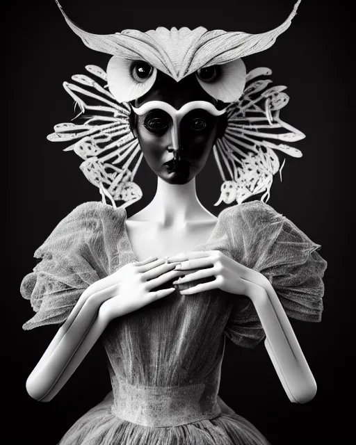 Image similar to surreal mythical dreamy dark artistic black and white fine art 3 / 4 fashion portrait photo of a young beautiful delicate female robot - witch - owl with orchid - doll face, rim light, cinematic, studio dramatic light, poetic, masterpiece, octane render, 8 k, photo - realistic by gustave dore hg giger