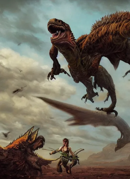 Image similar to hyper realistic photo of prehistoric milla jovovich riding on a raptor, full body, rule of thirds, conceptart, saturated colors, cinematic, greg rutkowski, brom, james gurney, mignola, craig mullins, artstation, cgsociety