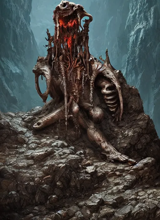 Prompt: hyper realistic photography of intricate horrific alien bone god sitting on ruined ornamented rock throne in a rocky cave detailed, greg rutkowski, ross tran, moebius, lovecraft, artstation, cgsociety