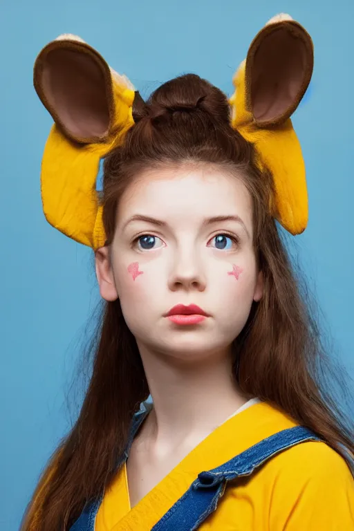 Image similar to girl with brown hair, short horns, long animal ears, a yellow t - shirt and blue overalls, geisha portrait