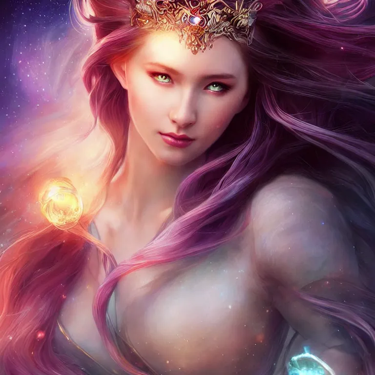 Image similar to beautiful cinematic fantasy poster, a beautiful princess like a disney princess hybrid with flowing illuminated hair, beautiful glowing galaxy eyes, wideshot ultrawide angle epic scale, hybrid from The Elden Ring and art direction by Darius Zawadzki ;by artgerm; wayne reynolds art station; cinematic quality character render; low angle; ultra high quality model; production quality cinema model;