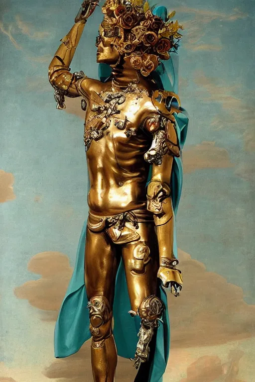 Image similar to a young handsome Spanish metal android with a large glowing battery in the center of his chest in a full-body bronze cyberpunk style statue of Icarus with glowing blue eyes, crown of peach roses, flowing teal-colored silk, fabric, flowers. baroque elements, human skull. full-length view. baroque element. intricate artwork by caravaggio. many many birds birds on background. Trending on artstation, octane render, cinematic lighting from the right, hyper realism, octane render, 8k, depth of field, 3D