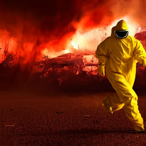 Image similar to A cinematic film still of a man in a hazmat suit running away from an explosion.