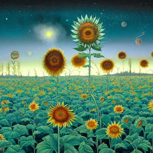 Image similar to detailed, intricate teal and iridescent, bioluminescent sunflowers in the field, nebula, galaxy in the sky, winning award masterpiece, fantastically beautiful, illustration, aestheticly inspired, jacek yerka, upscale with anguissola sofonisba work, artstation, 8 k