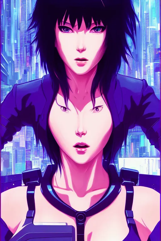 Image similar to a still fullbody portrait of motoko kusanagi ghost in the shell, finely detailed features, closeup at the faces, perfect art, at a cyberpunk city, gapmoe yandere grimdark, trending on pixiv fanbox, by ilya kuvshinov, rossdraws, artgerm