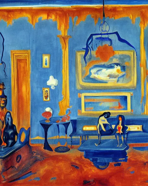 Image similar to blue people and a dark figure seated on a throne with clouds at red and yellow art deco interior room in the styleof Francis Bacon and Chaïm Soutine, open ceiling, highly detailed, painted by Francis Bacon and Edward Hopper, painted by James Gilleard, surrealism, airbrush, art by JamesJean