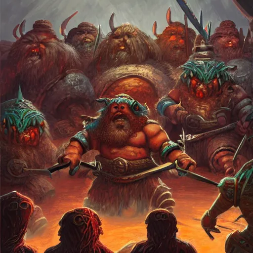 Image similar to painting of a single dwarven berserker facing a crew of crazy goblin warriors in deadly combat on a gladiator pit, sharp focus, high symmetry, award - winning, trending on artstation, masterpiece, highly detailed, intricate. art by terese nielsen