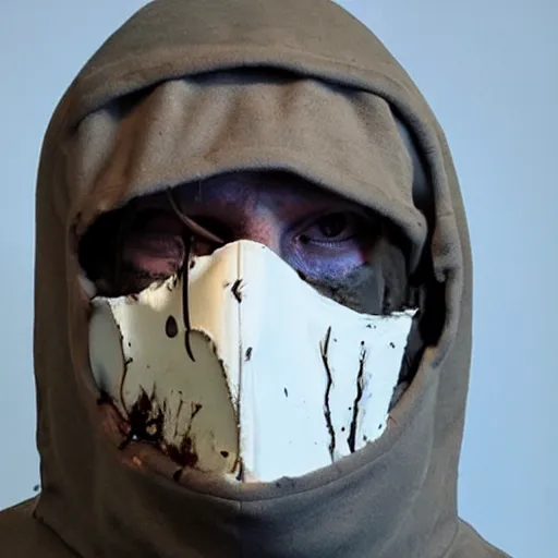 Prompt: a serial killer wearing a melting clock mask that looks like remembrance of time while wearing a hood and hiding a knife