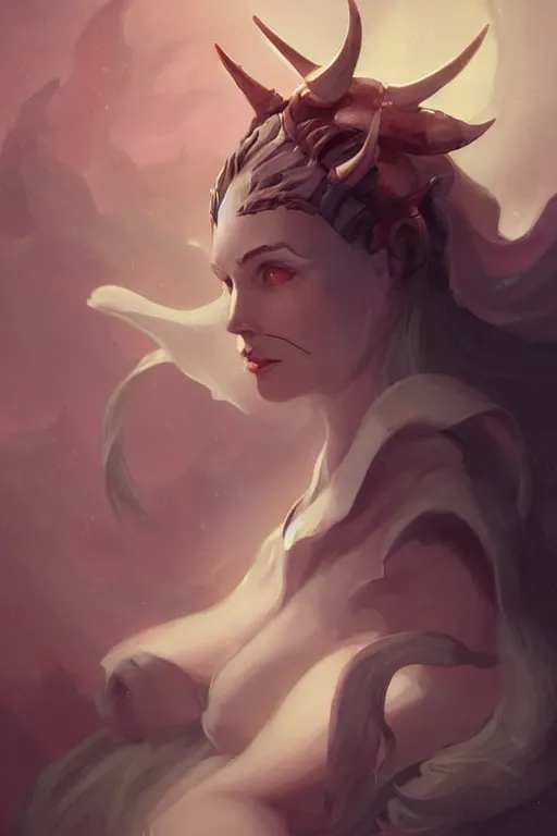 Image similar to a digital painting of a woman with horns on her head, concept art by peter mohrbacher, featured on cgsociety, fantasy art, cosmic horror, artstation hd, dark and mysterious