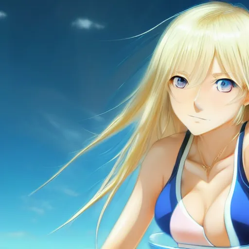 Image similar to a very beautiful young anime tennis girl, long blond hair, sky blue eyes, full round face, short smile, bikini, miniskirt, highly detailed, cinematic wallpaper by stanley artgerm lau
