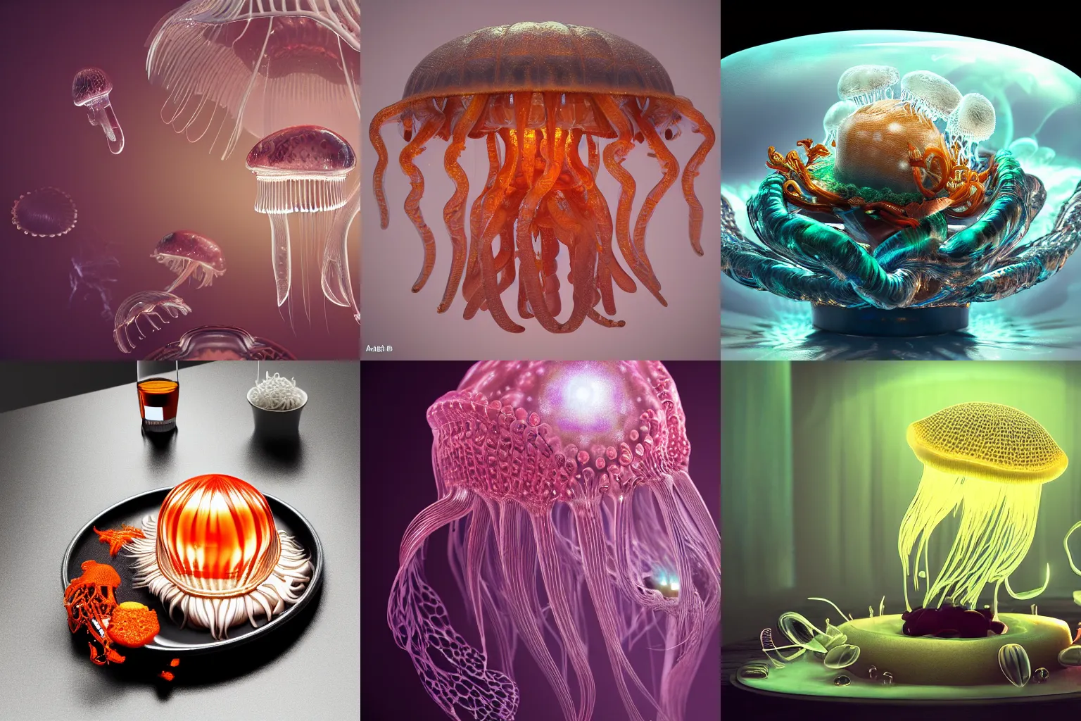 Prompt: intricate mukbang, jellyfish bio-mechanical bio-luminescence, octane render, trending on artstation, hyper realism, 8k, fractals, pattern