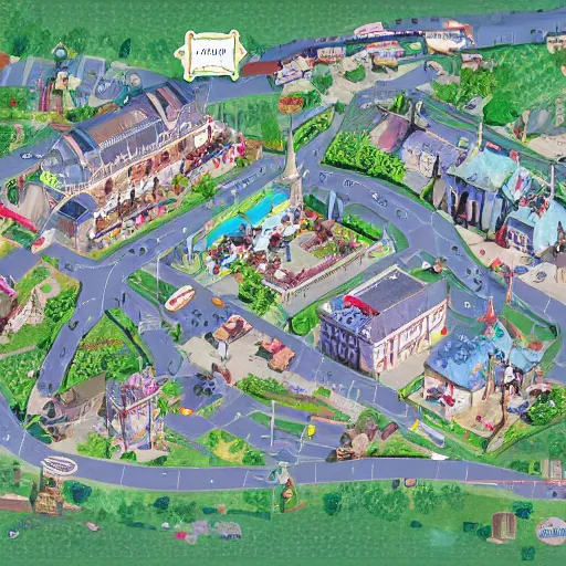 Image similar to a town map with town hall and playground pastel, artstation, concept art