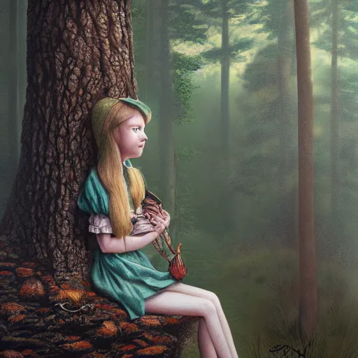 Prompt: a candid portrait of a girl wearing in the woods, atmospheric, highly detailed, portrait painting, fairytale, fantasy, illustration by scott gustafson