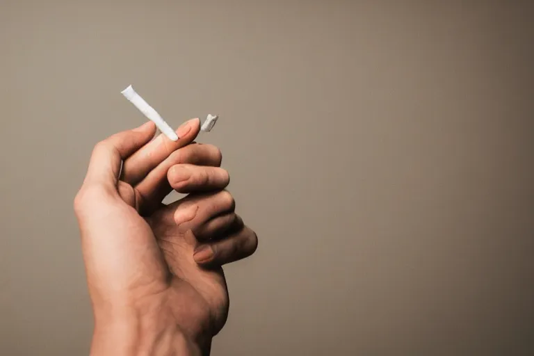 Image similar to Close-up of thin soft hand holding cigarette, with smoke, hand with five fingers, hyper realistic, high details, photo, super resolution