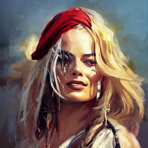 Image similar to greg manchess portrait of margot robbie as captain jack sparrow, epic grimdark, fantasy, medium shot, asymmetrical, profile picture, organic painting, sunny day, matte painting, bold shapes, hard edges, street art, trending on artstation, by huang guangjian and gil elvgren and sachin teng