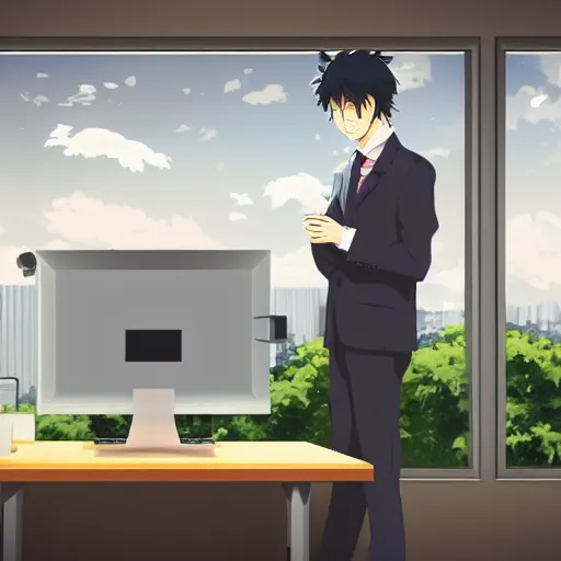 Image similar to a worker wearing a suit is contemplating life in front of his desk, it is all inside a small depressive cubicle which is completely surrounded by beautiful nature, anime style