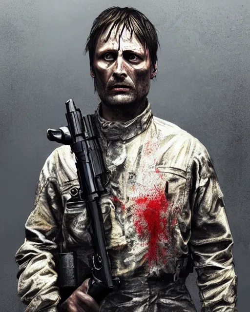Prompt: mads mikkelson as clifford unger from death stranding wearing modern military fatigues, wielding assault rifle, weeping tears of tar, mysterious eerie portrait, cinematic lighting, black background, digital painting photoshop, ultra detailed hdr 8 k