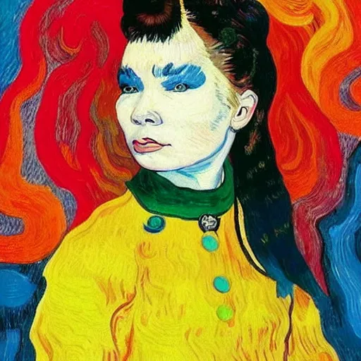 Image similar to very very very detailed and colorful portrait of bjork, painted by van gogh, beautiful