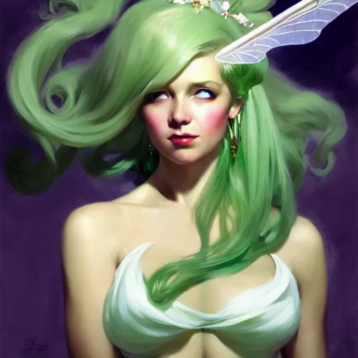 Prompt: greg manchess painting of fairy god mother, green and white hair, long wings, sorceress wand, soft lighting, trending on artstation, by huang guangjian and gil elvgren and sachin teng