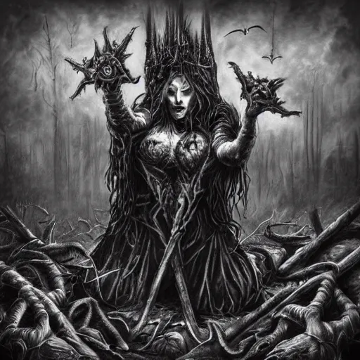 Image similar to heavy-metal album cover - dark-art, witch, made in tones of white and grey