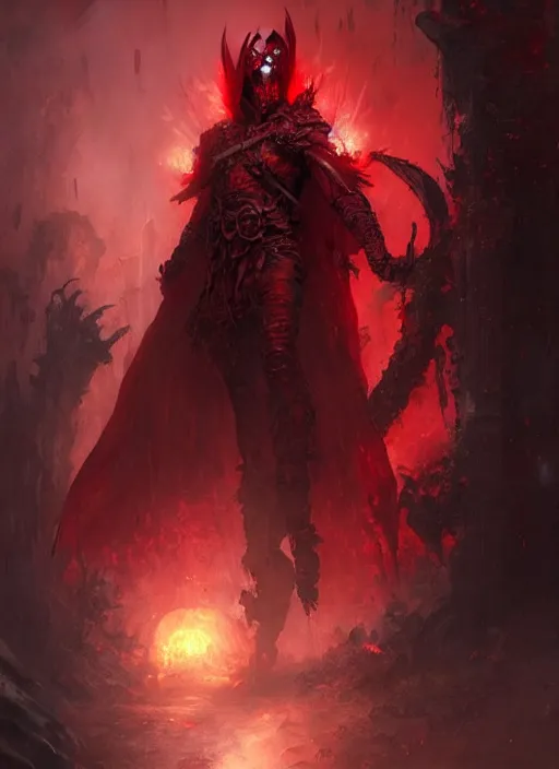 Prompt: male necromancer in a dark fantasy setting wearing a red mask, art by greg rutkowski, art by craig mullins, art by thomas kincade, art by Yoshitaka Amano