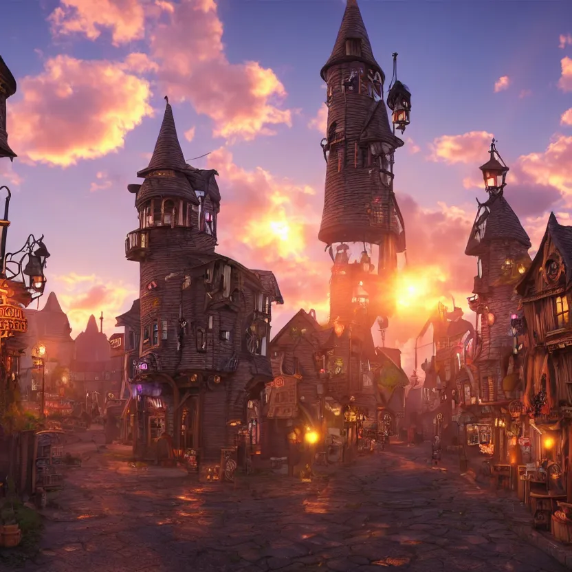 Prompt: photorealistic steampunk town. witchy village. sunset. witches flying on brooms. potion shop. pastel clouds. cauldron. lens flare. 8K. detailed. photorealism. artstation. 25mm f/1.7 ASPH Lens. ultra realistic