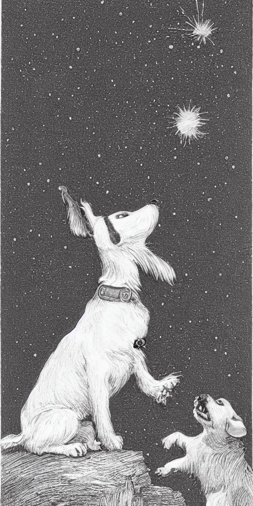 Image similar to portrait of jack russel dog looking up and howling with mouth open sad, night sky, highly detailed, side view, illustrated by peggy fortnum and beatrix potter and sir john tenniel