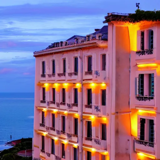 Prompt: a french building. sunset lighting. sea in the background. balconies.