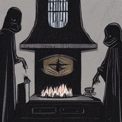 Prompt: cultists in black robes surround a stove, realistic, gothic, black masks