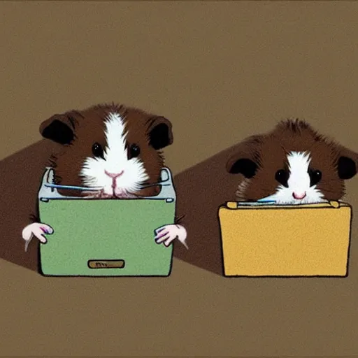 Image similar to guinea pigs working on tiny cute computers, illustration in the style of Beatrix Potter