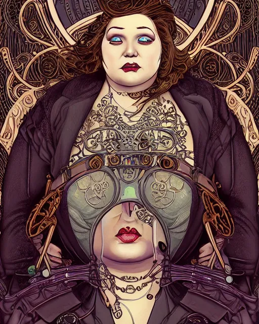 Prompt: a detailed portrait illustration of a steampunk necromancer. beautiful obese female face. art nouveau, pop art, comic book style. influenced by neil gaiman, h. p. lovecraft, dan mumford, karol bak, vadim voitekhovitch, killian eng, ross tran, cedric peyravernay.