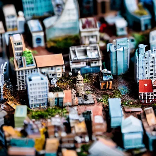 Prompt: macro photo of a miniature secret hidden world with tiny buildings and people covered in milk