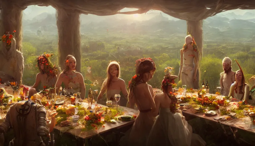 Image similar to a table dinner of humanoid robots where robots are dressed like the characters from the midsommar movie wearing flowers, realistic detailed digital art by maxwell boas jessica rossier christian dimitrov anton fadeev trending on artstation cgsociety rendered in unreal engine 4 k hq