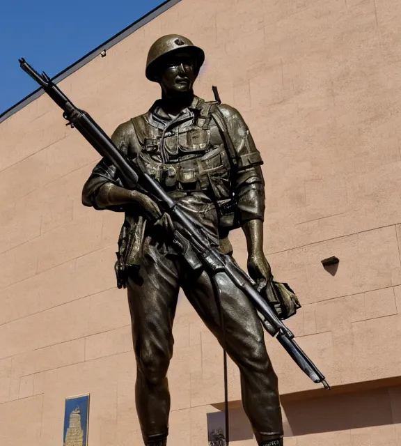 Prompt: a 4 k photorealistic photo wide shot of a bronze statue of an american soldier holding a rifle