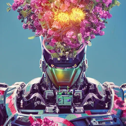 Image similar to colourful vfx art - portrait of army mecha robot wrapped in flowers & vines, art by utagawa kunisada & james jean, volumetric light, ray tracing, sharp, detailed, digital painting, illustration, highly detailed, intricate detail, unreal engine, octane render, global light, pinterest, behance, art station,