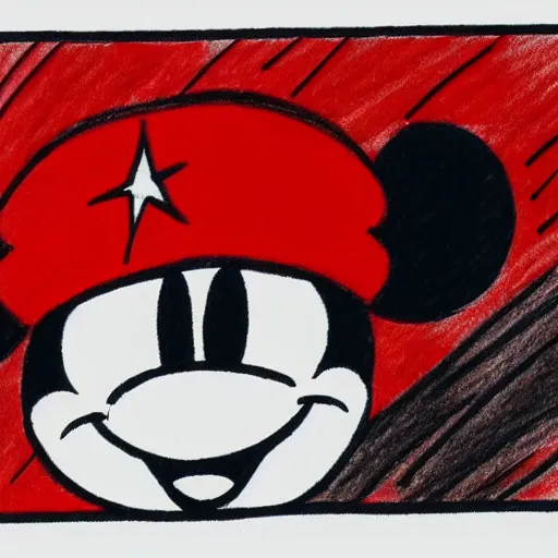 Image similar to a drawing of disney's mickey mouse in a ushanka with a soviet emblem