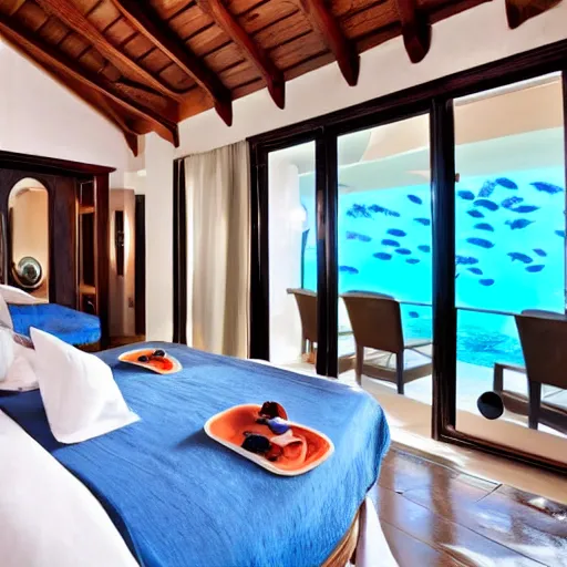 Image similar to bedroom at extremely expensive underwater hotel in the caribbean. high - fashion boutique hotel. portholes. a small leak. detailed beautiful photography.