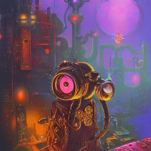 Image similar to steampunk rat, acid, 303, psychedelic, by paul lehr