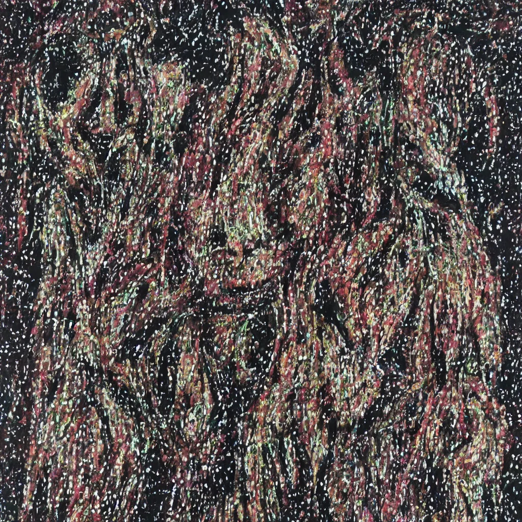 Image similar to camo made of teeth, smiling, abstract, francis bacon artwork, cryptic, dots, spots, stipple, lines, splotch, color tearing, pitch bending, faceless people, dark, ominous, eerie, hearts, minimal, points, technical, old painting, neon colors, folds