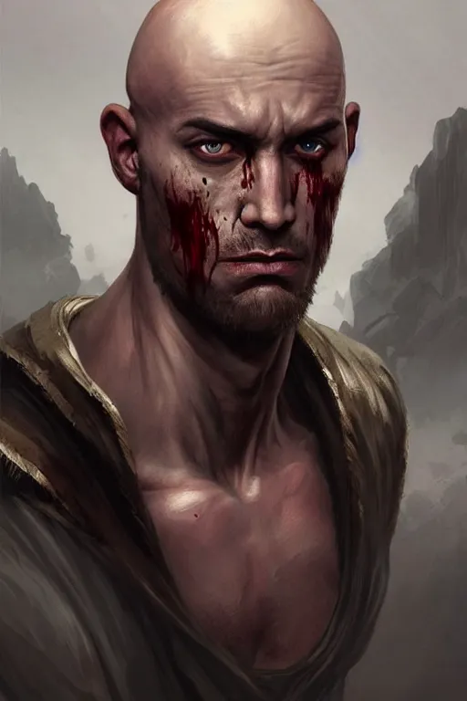 Prompt: unattractive, bald and unsympathetic Human_fighter!, He has 6 scares on his face, and a bloodthirsty look in his eyes. full_body!!, dungeons and dragons portrait, highly detailed, digital painting, artstation, concept art, sharp focus, illustration, art by artgerm and greg rutkowski and alphonse mucha