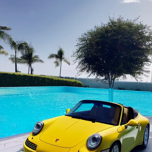 Prompt: a yellow porsche 9 1 1 in a palm beach swimming pool