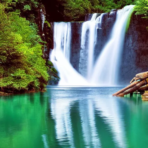 Image similar to modern boat floating on a lake, waterfalls in the background, water reflections, very detailed photography, 4K, wallpaper, beautiful natural scenery