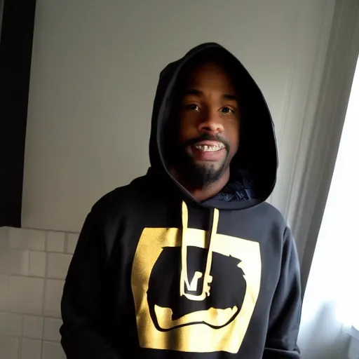 Image similar to cool black guy, wearing a golden kappa hooded sweatshirt, photo inside apartment, digital camera