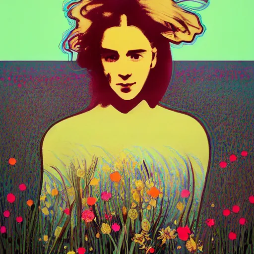 Prompt: a beautiful painting of a girl in a field of flowers by andy warhol and conrad roset! and alphonse mucha and nekro!. in style of oil on canvas. colorful comic, film noirs, symmetry, sharp lines, hyper detailed. octane render. trending on artstation