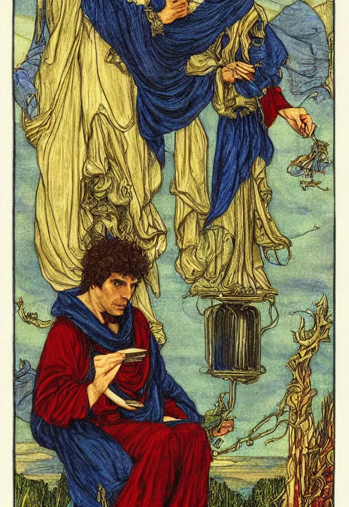 Image similar to Yoshua Bengio as the Magician on the Tarot card. Illustration by preraphaelists.