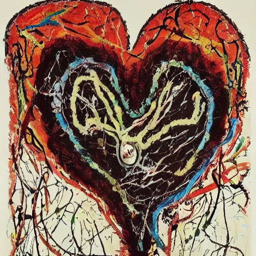 Prompt: jackson pollock painting of an anatomically correct human heart with atria, ventricles and aorta