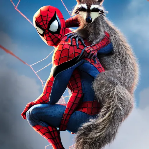 Prompt: spider - man sit on big raccoon, eating donuts, action scene, concept art, trending on artstation, highly detailed, intricate, sharp focus, digital art, 8 k